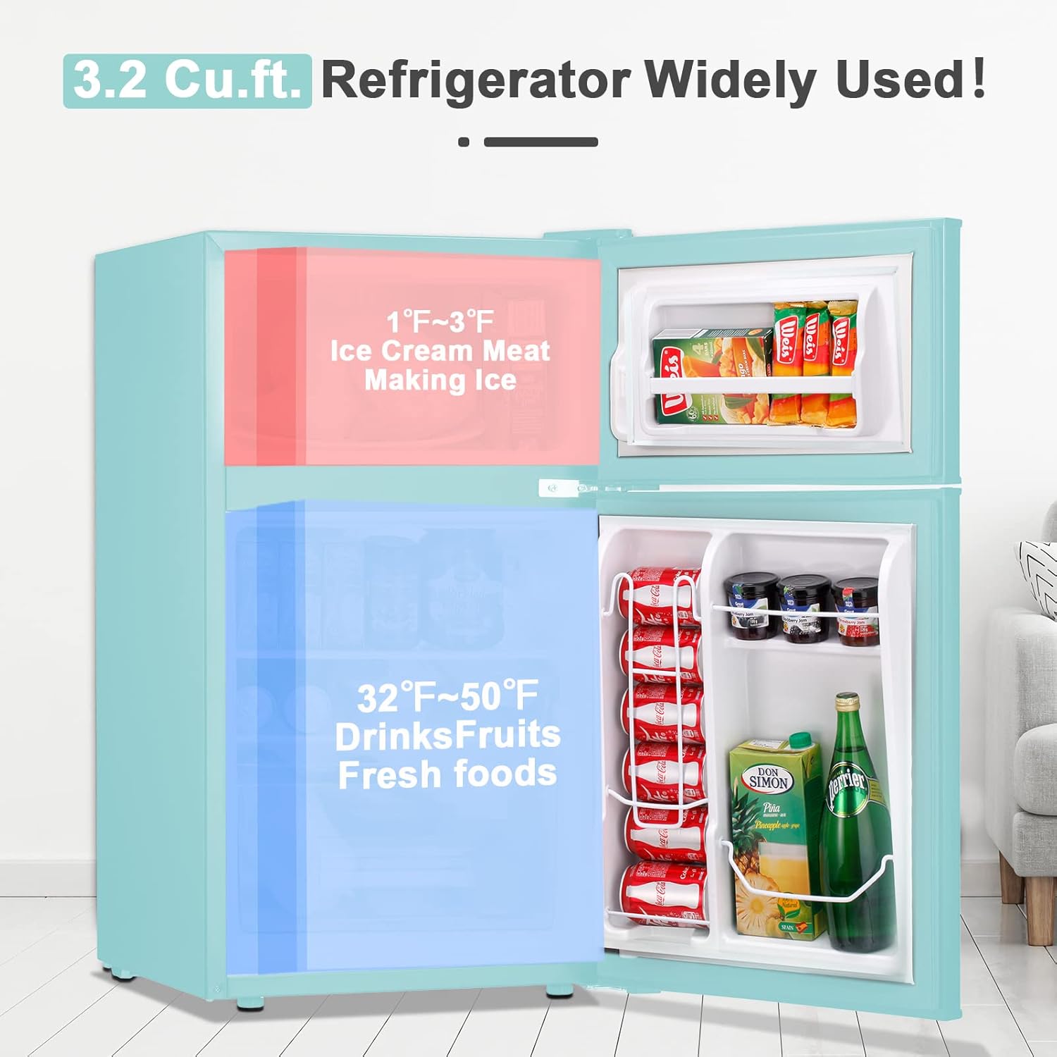 ZAFRO 3.2 Cu.ft. Refrigerator with Double Doors, Mini Fridge with Freezer, Fridge with Adjustable Thermostat 20" D x 19" W x 33.5" H, Compact Refrigerator for Dorm Apartment Office Kitchen-GREEN