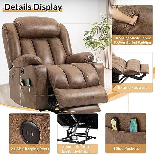 Large Electric Power Lift Recliner Chair with Extended Footrest for Elderly Big, Extra Large and Wide Reclining Sofa for Living Room, Home Theater Seating with Massage and Heat(Brown)