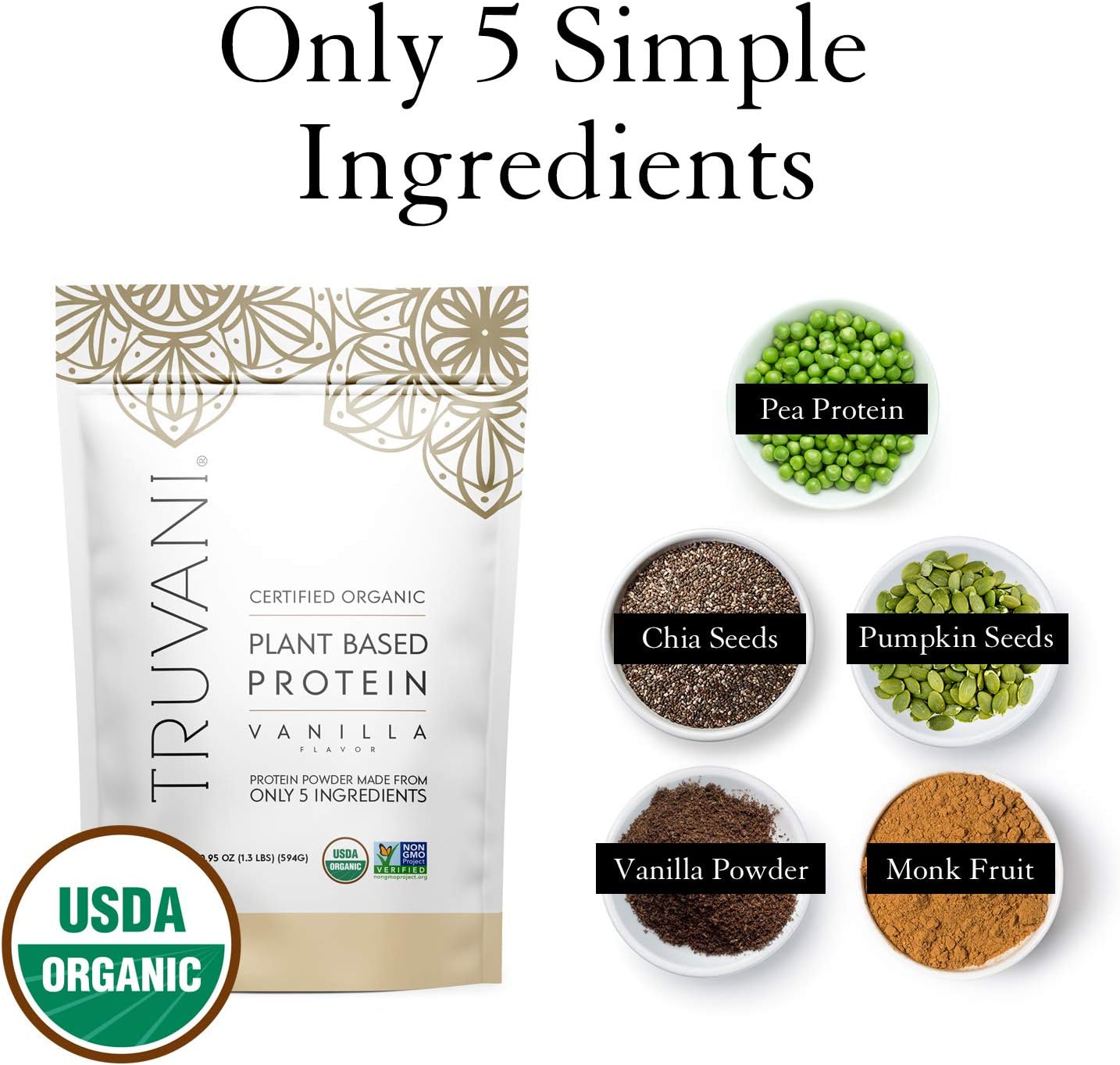 Truvani - Plant Based Protein Powder - Vanilla, Net WT 20.9oz(594 Grams) Pack of 2