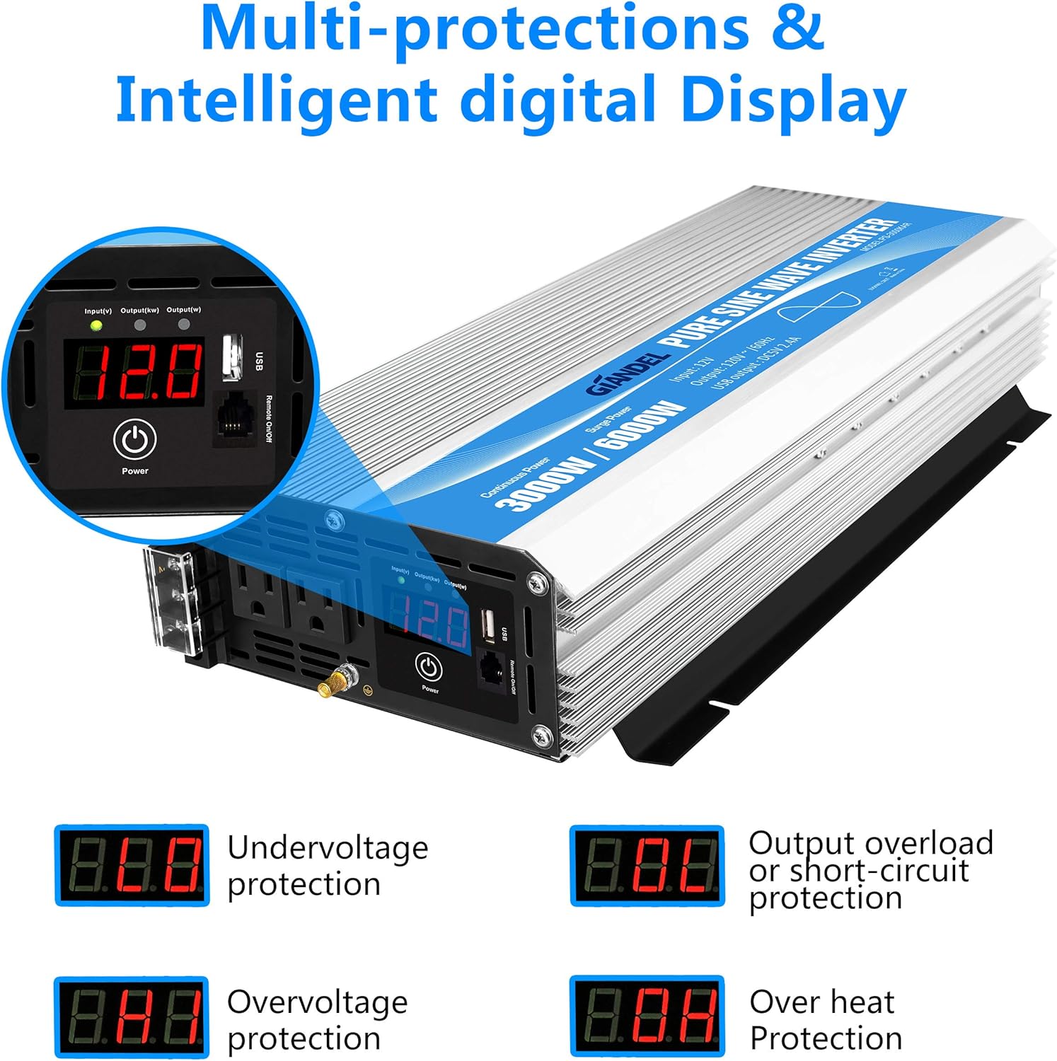 GIANDEL 2200W Pure Sine Wave Power Inverter 12V DC to 110V 120V AC with 20A Solar Charge Control and Remote Control&LED Display and Dual AC Outlets &1x2.4A USB Port for RV Truck Car Solar System