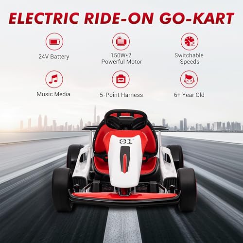 Go Kart, Electric Drift Kart Car with Adjustable Seat, 24V 7Ah Outdoor Ride On Toy, 2 * 200W Motor, 8.1 MPH, LED Lights, Toy Race Car for Kids 6-12 Years Old