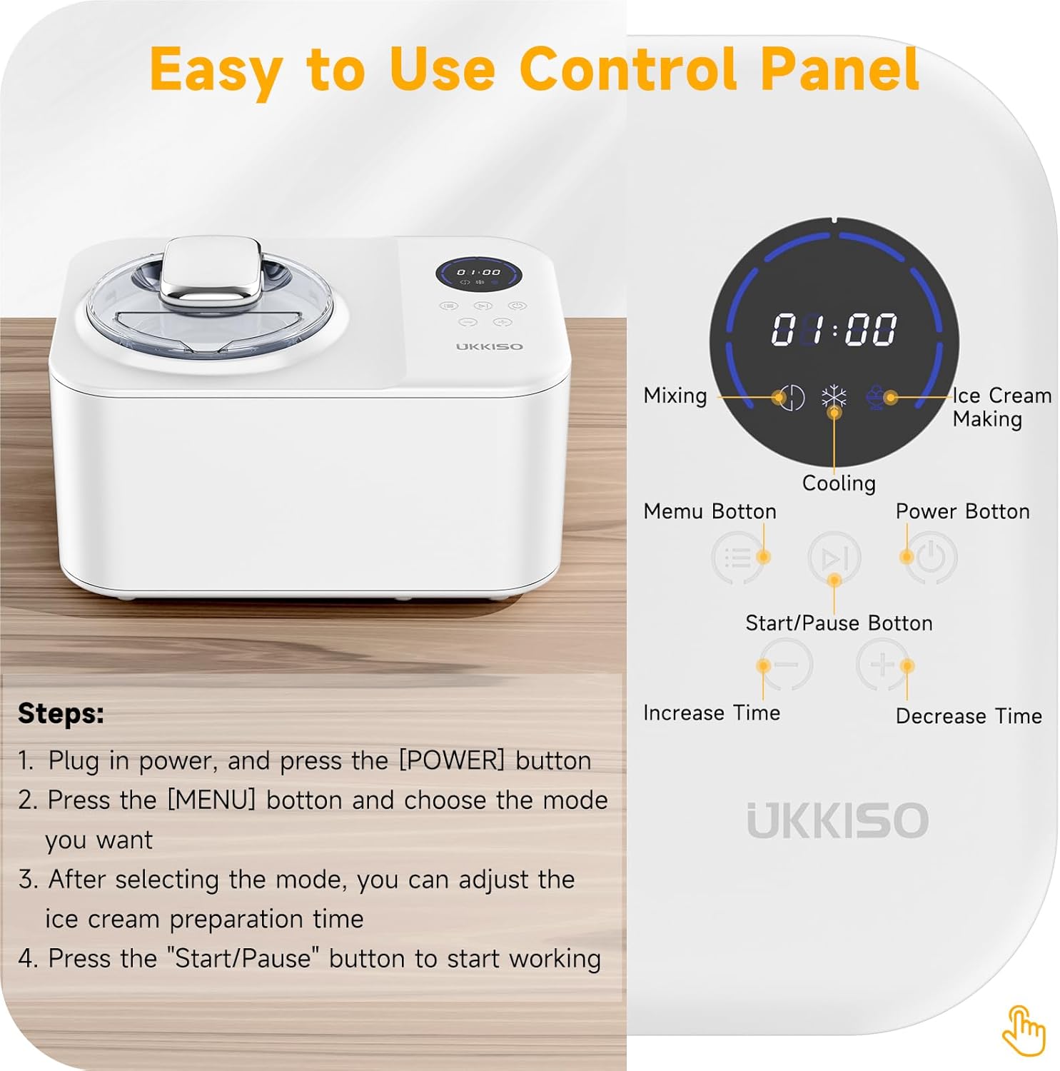 Ice Cream Maker for Home: 1.2L Automatic Ice Cream Maker Machine with LCD Display, Stainless Steel Homemade Ice Cream Maker Machine with Compressor for Kids, Home, Holiday