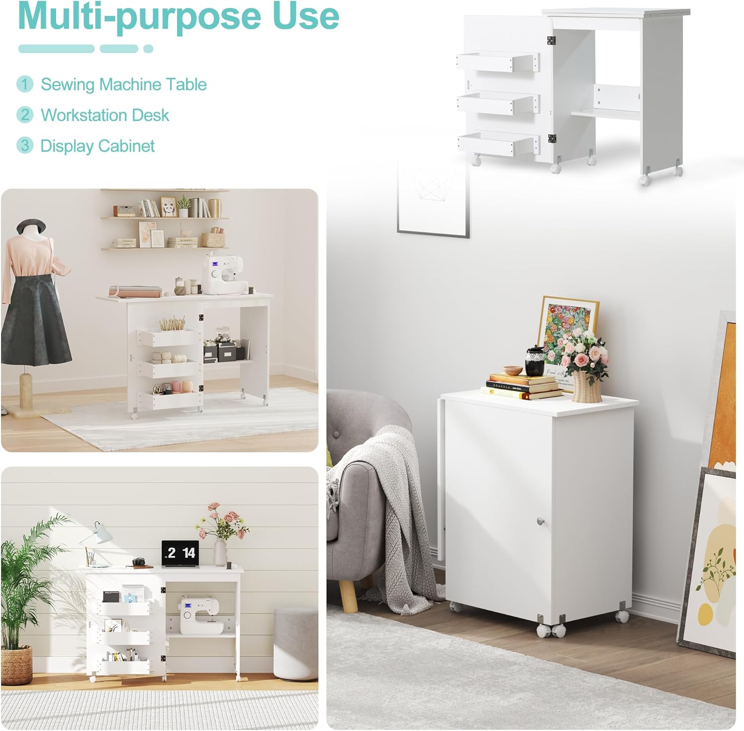 Folding Sewing Table Multipurpose Craft Station Desk Rolling Sewing Cabinet with 3 Storage Shelves Sewing Machine Cart with Lockable Casters (White)