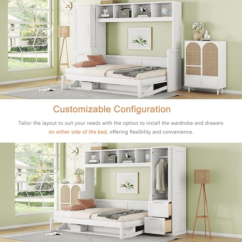 Linique Full Size Murphy Cabinet Storage Wall Bed with Closet and Drawers and Built-in Top Shelf,Hide a Bed on a Wardrobe Space Saving Design,Gray