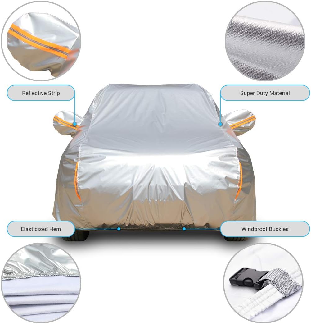 Tecoom Super Heavy Duty Multiple Layers Car Cover All Weather Waterproof Windproof Snow Sun Rain Protective with Buckles & Belt,Without Mirror Pockets Fit 150-178 Length Coupe/Convertible/Sport Car