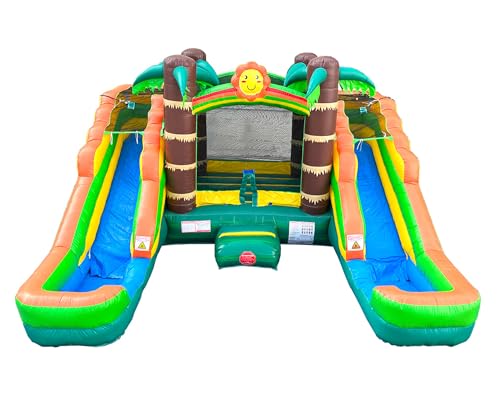 Pogo Bounce House Crossover Tropical Inflatable Bounce with Double Inflatable Water Slides for Kids, 16.5 x 15 x 11 Foot, Bouncy House, Commercial Outdoor Party Bouncer with Blower, Stakes, Bag