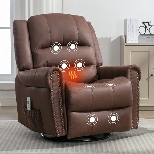 Swivel Rocker Recliner, Leather Recliner Chair with Massage & Heating Function, Manual Recliner Chair with Swivel & Rocking and Reclining, Extra Wide Recliner with Pocket and Nailhead Decor (Brown)