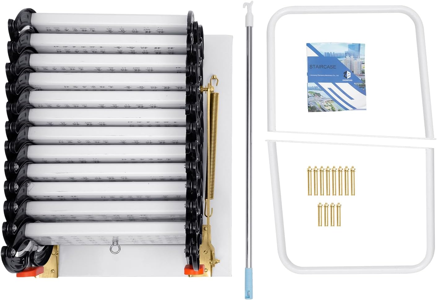 Wall Mounted Folding Ladder, 9.5ft 12steps Attic Loft Ladder Stair Attic Pull down Stair for Cottage Basement Retractable Attic Ladder with Armrests, 882 lbs Load-bearing(Black+White)