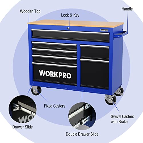 WORKPRO 46-Inch 9-Drawers Rolling Tool Chest, Mobile Tool Storage Cabinet with Wooden Top, Equipped with Casters, Handle, Drawer Liner, and Locking System, 1200 lbs Load Capacity
