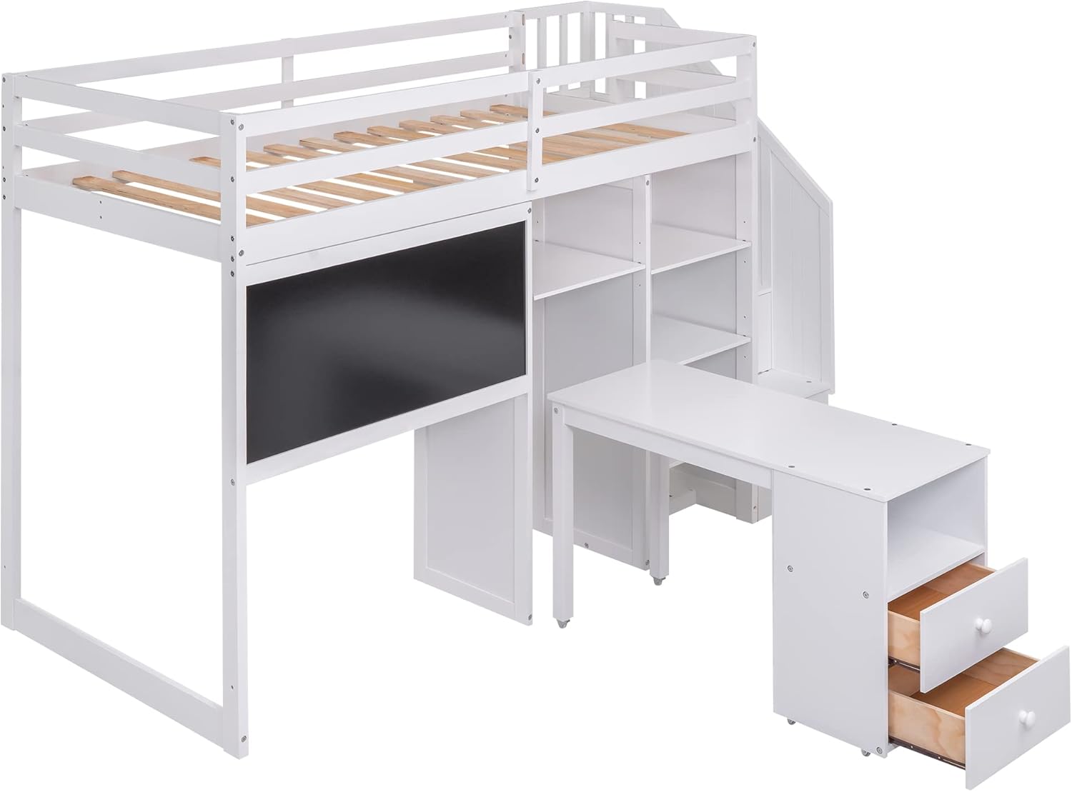 Harper & Bright Designs Twin Size Loft Bed with Stairs and Desk, Solid Wood Loft Bed with Storage Shelves and Blackboard, for Bedroom Dorm Boys Girls Adults (Twin, White)
