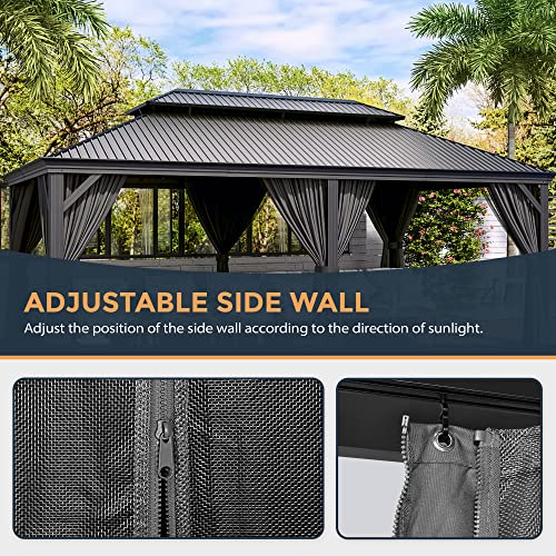 HAPPATIO 12' x 20' Hardtop Gazebo - Galvanized Steel Patio Double Roof Aluminum Gazebo with Curtains and Netting, Metal Permanent Pavilion Outdoor Gazebos for Patios, Gardens, and Lawns (Gray)