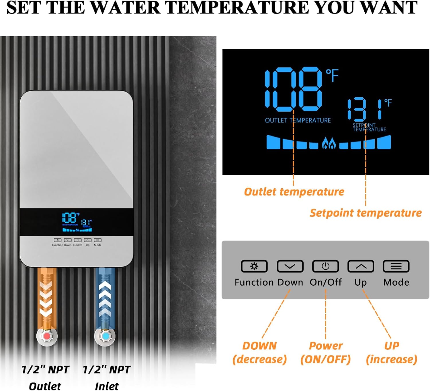 Tankless Water Heater Electric,8.5KW 240V Point of Use On Demand Hot Water Heater,Instant Hot Water Heater Under Sink with Digital Display,Wall Mounting Fitting Electric Water Heater