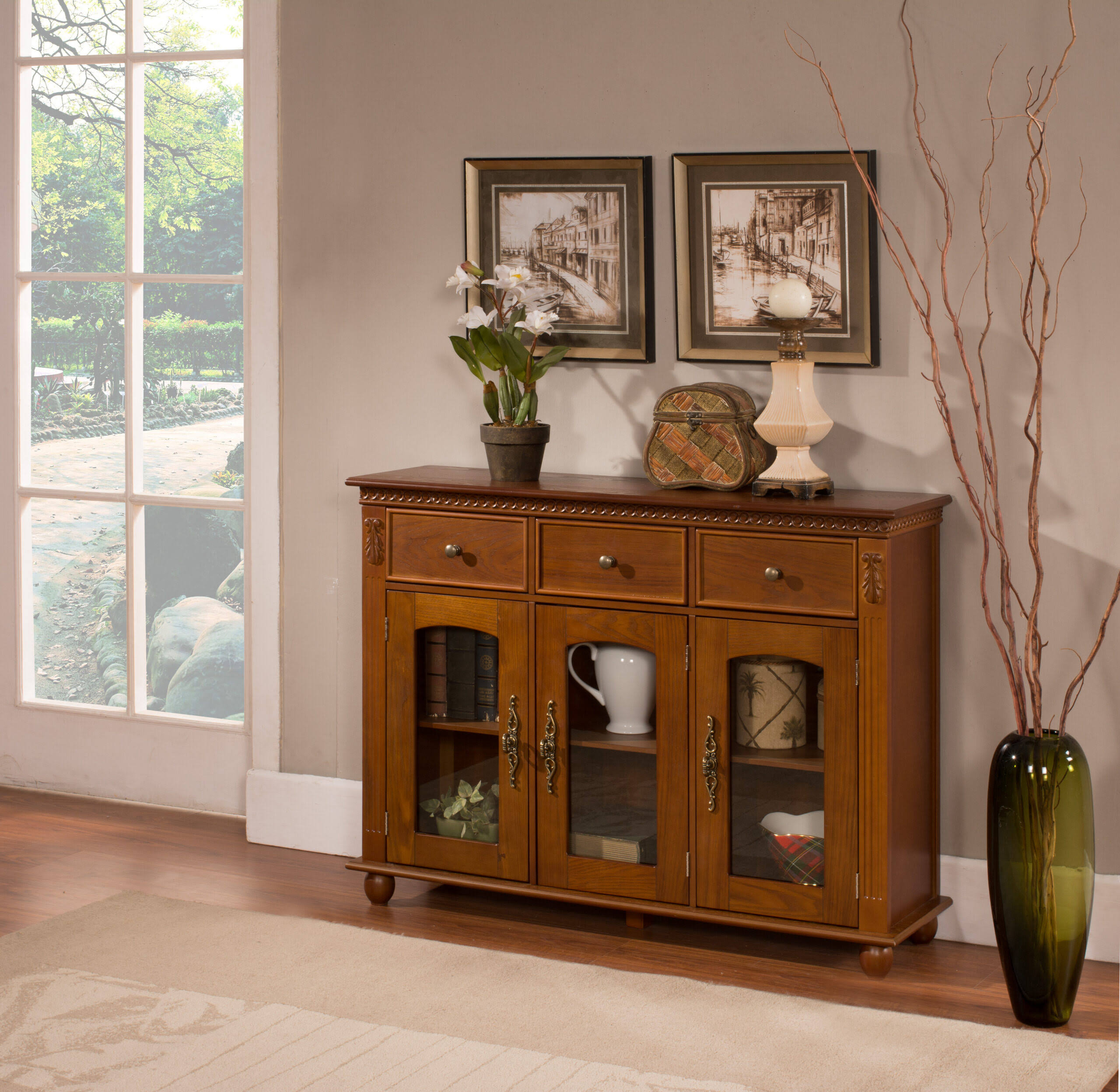 William Walnut Wood Contemporary Sideboard Buffet Console Table with Storage Drawers u0026 Glass Cabinet Doors, Brown