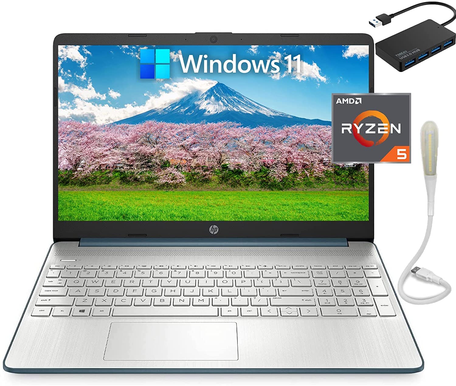 HP Newest 15.6" Full HD Laptop Computer for School or Home, AMD 6-Core Ryzen 5 5500U, 16GB Memory 1TB SSD, HDMI, Fast Charge, Windows 11 Home, Bundle with TSBEAU 4-Port USB Hub + USB LED Light