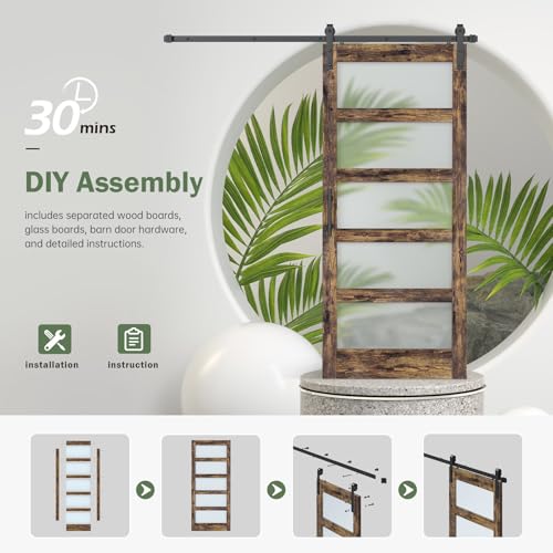 36x84 Inch Glass Sliding Barn Door Slab and 6.6ft Hardware Kit Included, 5 Frosted Glass, LVL Wood Panel Covered with White Water-Proof Scratch-Proof PVC Surface, Simple DIY Assembly