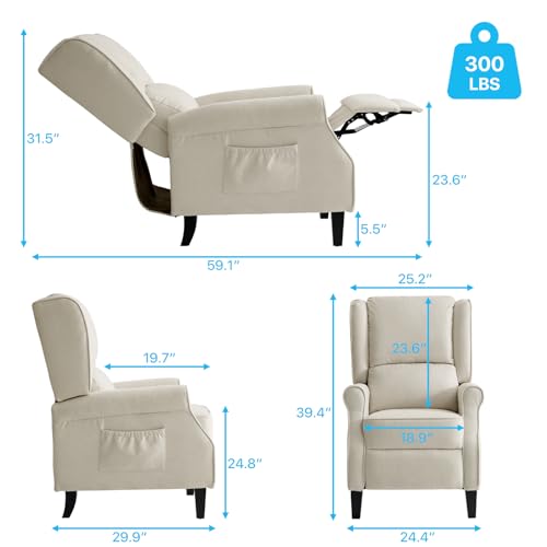 Vintage Wingback Recliner with Massage, Modern Linen Fabric Pushback Recliner for Living Room and Bedroom with Side Pockets, Wooden Legs(Beige)