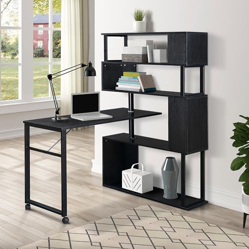 L Shaped Computer Desk Corner Table, Rotating with Bookshelf for Home Office, Lockable Casters, Modern Design, MDF and Steel Frame, Compact Desk, Easy Assembly (Brown)