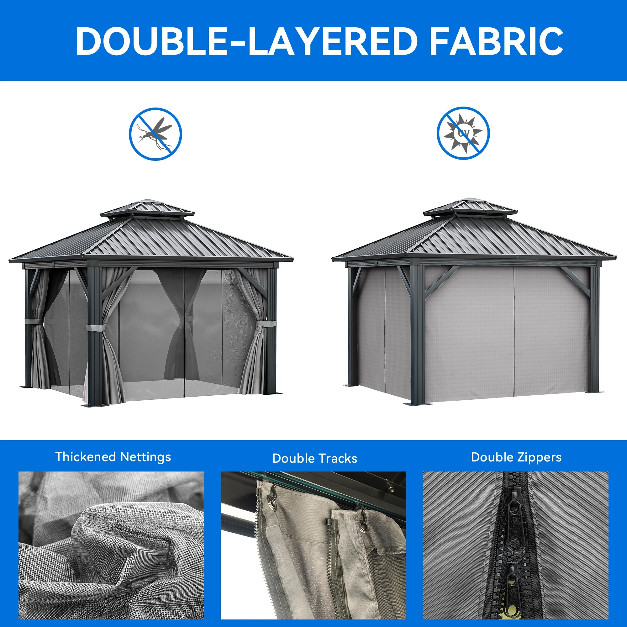 Dextrus 10x10ft Double Roofed Hardtop Gazebo, Metal Outdoor Pavilion with Nettings and Curtains for Patio, Backyard, Deck, and Lawns - Black