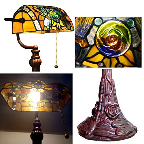 Tiffany Lamp Stained Glass Table Lamp for Living Room Side Dragonfly Piano Lamp Small 15.5" Tall Bedroom Bedside Table Lamp Chain Switch Banker's Home Office Desk Light Farmhouse Lamps