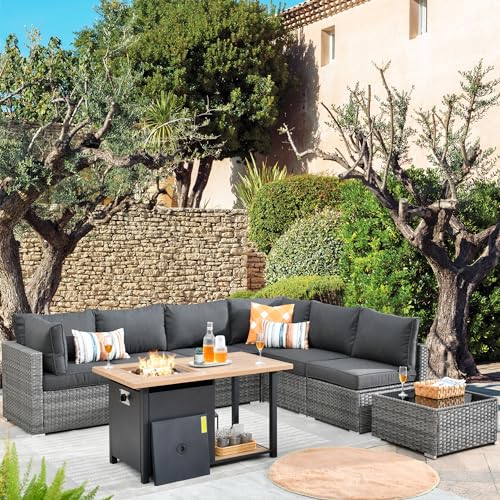 ovios 9 Piece Outdoor Wicker Patio Furniture Set with 50" Fire Table,PE Rattan Conversation Set with Swivel Chair, Sectional Sofa for Outside Balcony Backyard