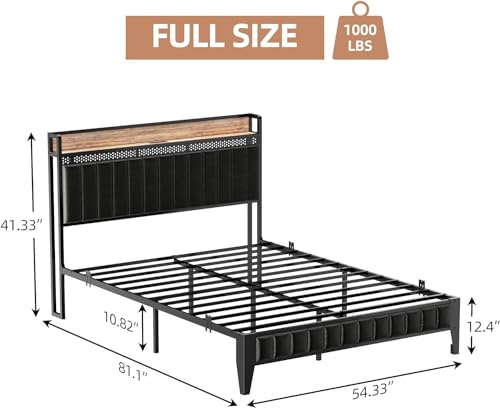 IDEALHOUSE Queen Bed Frame with Charging Station, LED Bed Frame with Storage Headboard, Upholstered Platform Bed Frame, No Box Spring Needed, Easy Assembly, Black