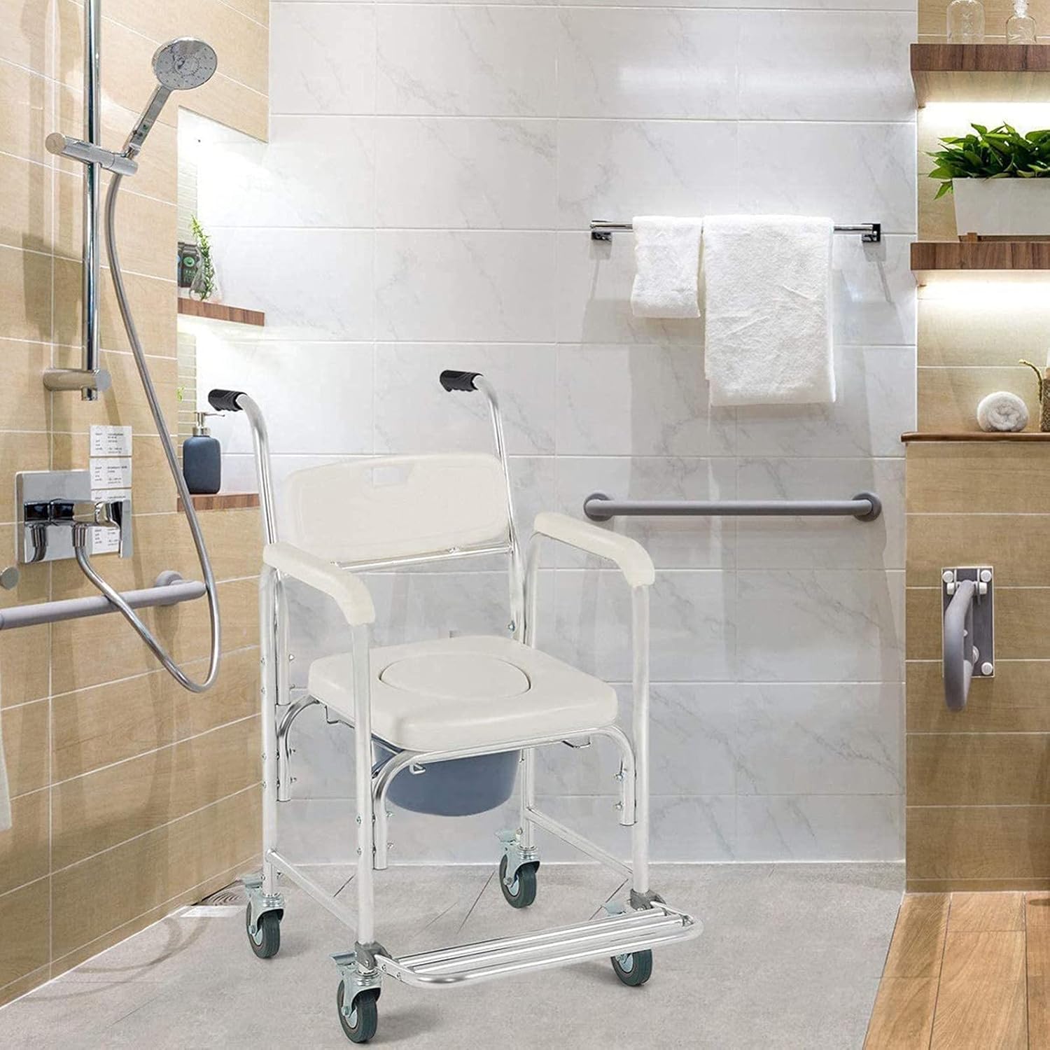 KOHARA 3-in-1 Commode Chair with Arms, Toilet Wheelchair Toilet Wheelchair for Elderly and, Bathroom Shower Chair with Wheels and Built in Toilet Toilet Chair