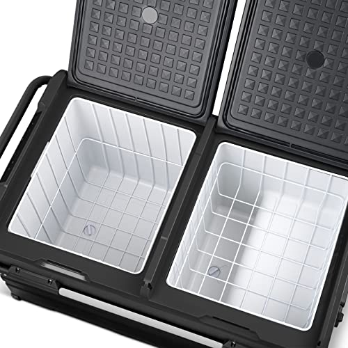 Newair Portable 80 Qt. Electric Car Camping Cooler with 4 Battery Protection Modes, Dual Zone Fridge and Freezer Storage, Retractable Handle, Outdoor Wheels and Rugged Construction