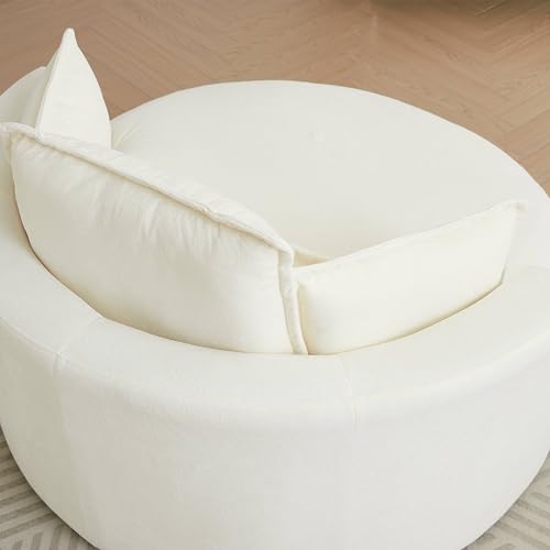 DEINPPA Modern Accent Barrel Sofa Swivel Barrel Chair with Storage Ottoman, Sofa Club Lounge,Sherpa Fabric Round Chair with 3 Pillows Soft Cushions for Living Room (White+Sherpa Fabric+Sponge)