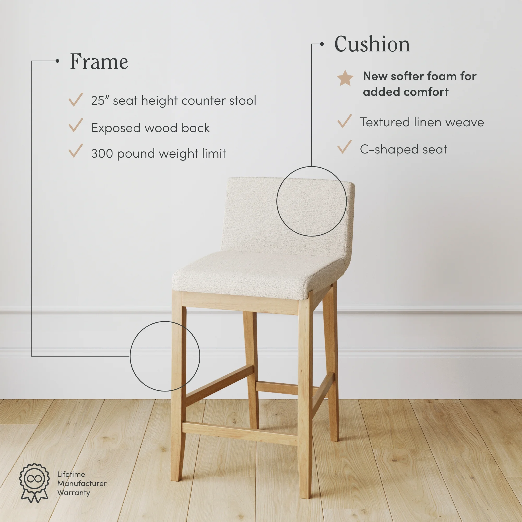 Gracie Modern Counter Height Bar Stool with Back, Counter Stool Upholstered Chair with Natural Textured Boucle Linen and Brushed Wooden Legs, White/Light Brown