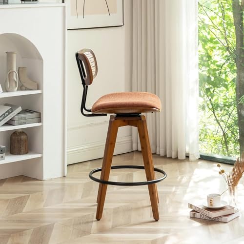 26" Rattan Bar Stools Set of 2, Linen Fabric Counter Height Swivel Barstools with Rattan Backrest and Wooden Legs,Armless Mid Century Modern Bar Chairs for Kitchen/Dining Room,Cafe Brown