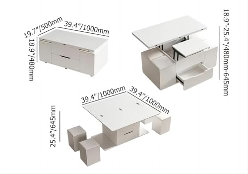 homary White Lift Top Coffee Table with Hidden Storage, 3 in 1 Multi-Function Modern Folding Center Table with 4 Stools and Casters