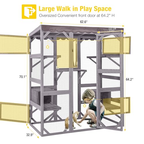 Aivituvin Catio Outdoor Cat Enclosure Large Cat House for Mulitiple Cats Walk in Kitty Cage with Tarp Roof 70"