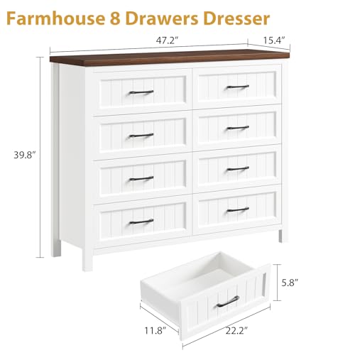 Elegant Farmhouse 8 Drawer Dresser for Bedroom - Large Wooden Double Dressers with Deep Drawers Dressers for Hallway, or Entryway - White & Brown