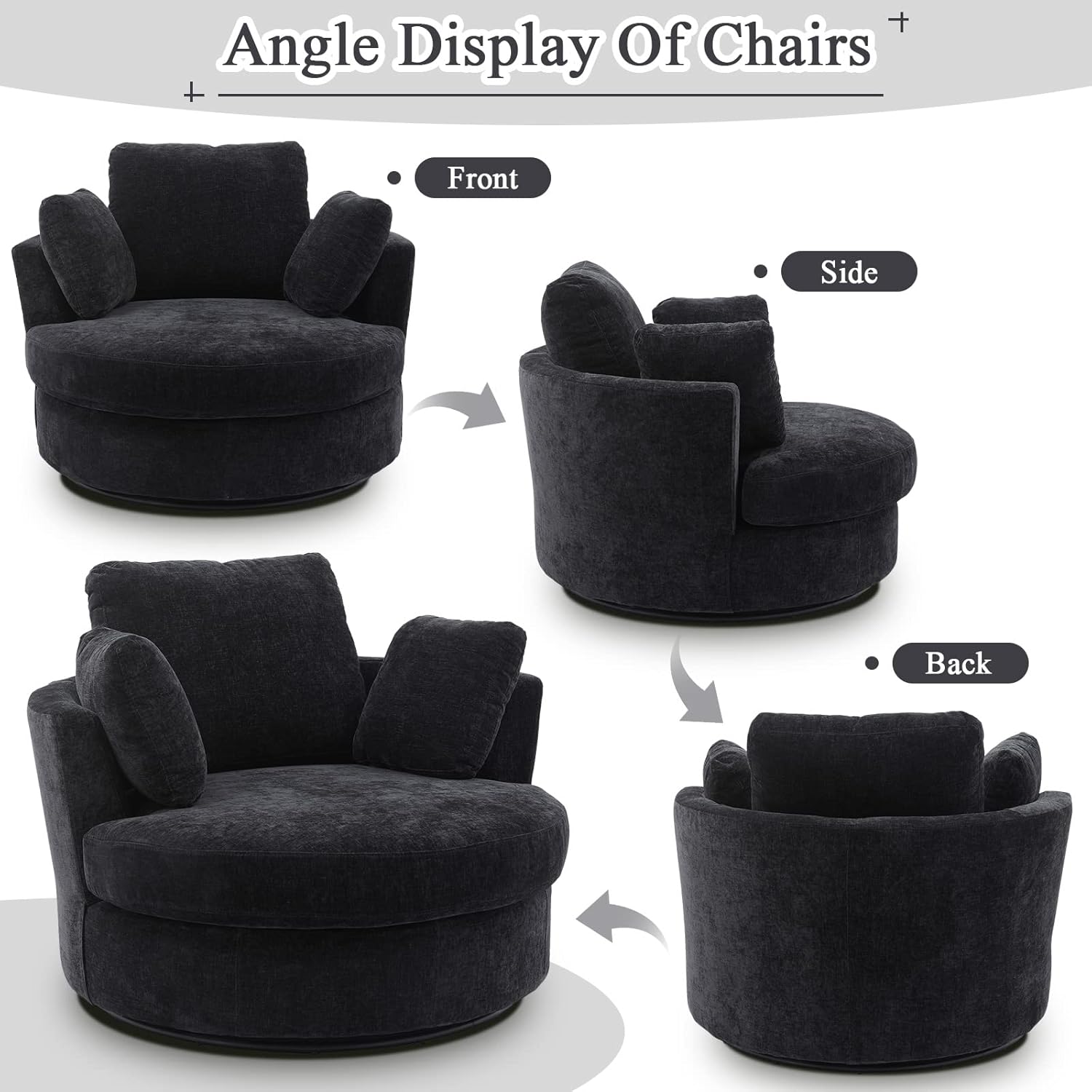 Swivel Barrel Chair for Living Room, Modern Round Swivel Chair Sofa Chair Chenille Club Chair Boucle Chair Armchair Decorative Furniture Nursery Chair, Bedroom, Classroom Corner Chair (Black)