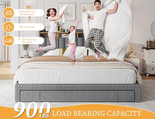EnHomee Full Bed Frame with 3 Drawers,Queen Size Bed Frame with 2-Tier Storage Headboard, Upholstered Platform Bed Frame Queen Size with Storage,Wood Slats Support,No-Noise, Easy Assembly,Grey