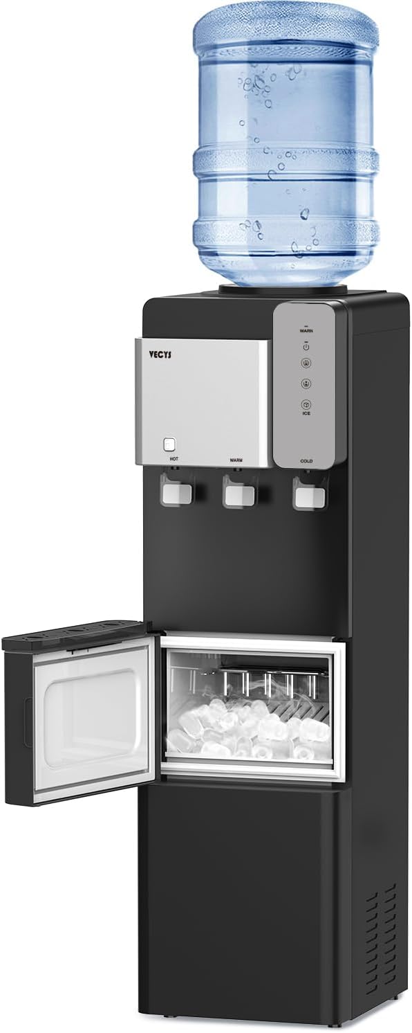 Water Dispenser Cooler with Ice Maker, 27LBS Daily Ice Making and Hot Cold Water Supply, Child Safety Lock and Compatible with 3 or 5 Gallon Bottles, Ideal for Home and Office