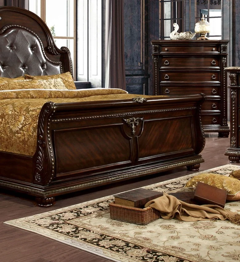 Brown Cherry Formal Luxurious Eastern King Size Bed Camel Back Sleigh Design Tufted Padded HB Faux Wood Carved Detail 1pc Bed