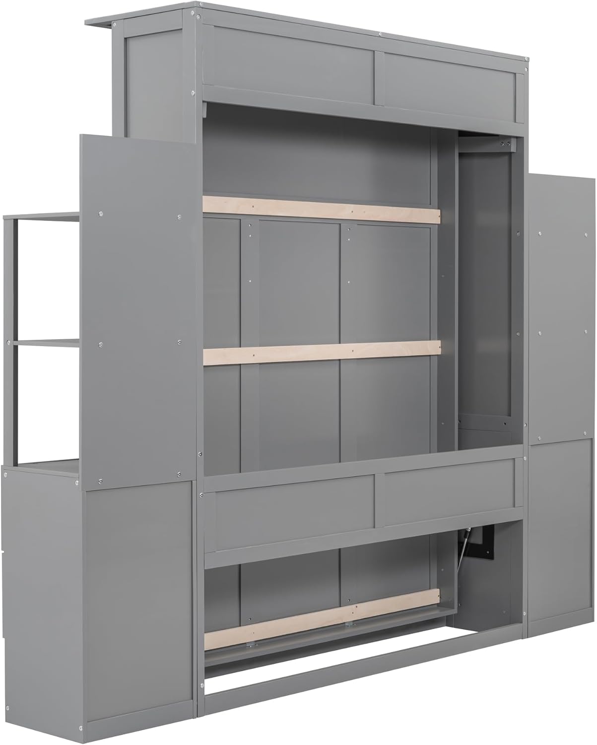 yoptote Queen Size Murphy Bed with Both Side Double Drawers and 2 Four-Layers Open Storage Shelves, Bedframe w/LED Lights & Silver Handle, Can Be Folded into A Cabinet, Space-Saving Design, Grey