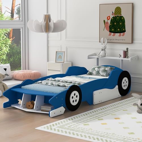 Twin Size Car Bed for Boys,Race Car-Shaped Wooden Platform Bedframe with Wheels & Safety Guardrail,Slats Support,Easy Assembly,Fun Play for Kids Toddlers Child's Bedroom,Yellow PU