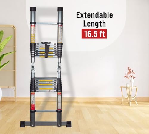 Mytee Products 16.5' Telescoping Ladder A Frame - Aluminum Extention Ladder w/Balance Bar, Carry Handle & Tool Tray - Folding Collapsible Ladder for Extend & Climb RV or for Household & Outdoor Work