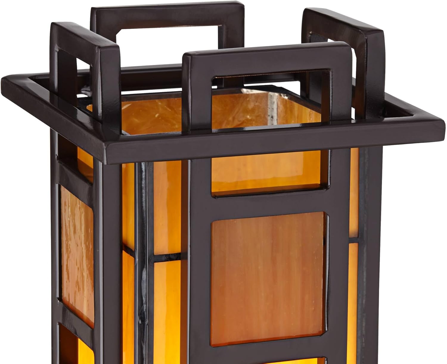 Robert Louis Tiffany Prairie Style Mission Rustic Pillar Accent Table Lamp Bronze Iron Column Hand-Cut Amber Stained Art Glass for Living Room Bedroom House Bedside Nightstand Home Office Family