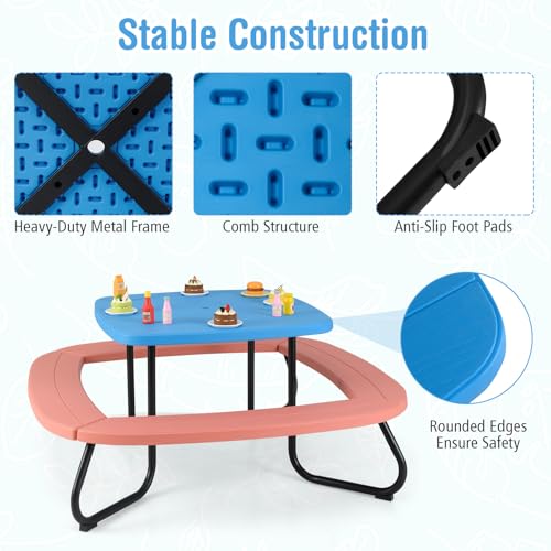 KOTEK 8-Person Kids Picnic Table, Toddler Activity Table with Removable Umbrella, 4 Built-in Benches, HDPE Top & Metal Frame, Kids Outdoor Table for Patio Garden Backyard (Blue+Red)