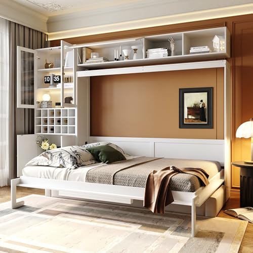 Merax Queen Size Murphy Bed Wall Bed with Sofa, Shelves, USB & Light - Space Saving Foldable Bed for Small Apartments, Grey