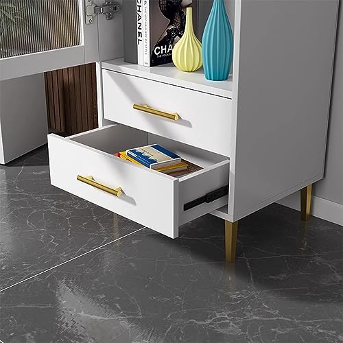 Tall Corner Cabinet with Glass Doors and 2 Drawer, Modern Storage Cabinet, White Display Cabinet, Home Storage Furniture, for Bathroom Kitchen Living Room Bedroom (White 50x30x100cm)