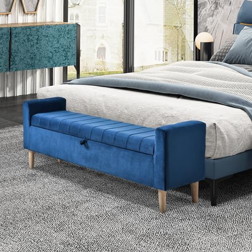 48" Upholstered Storage Ottoman with Arms Bench Modern Velvet Bench for Entryway, Bedroom, Living Room (Gray)