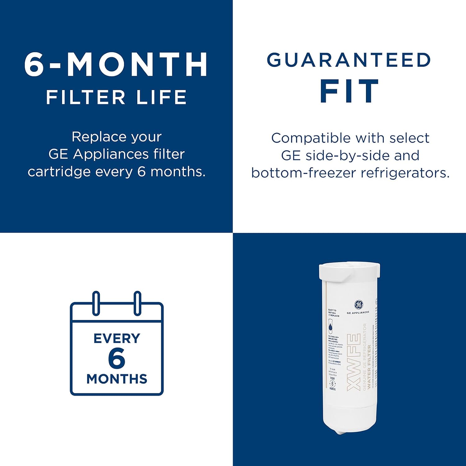 GE XWFE Refrigerator Water Filter | Certified to Reduce Lead, Sulfur, and 50+ Other Impurities | Replace Every 6 Months for Best Results | Pack of 1