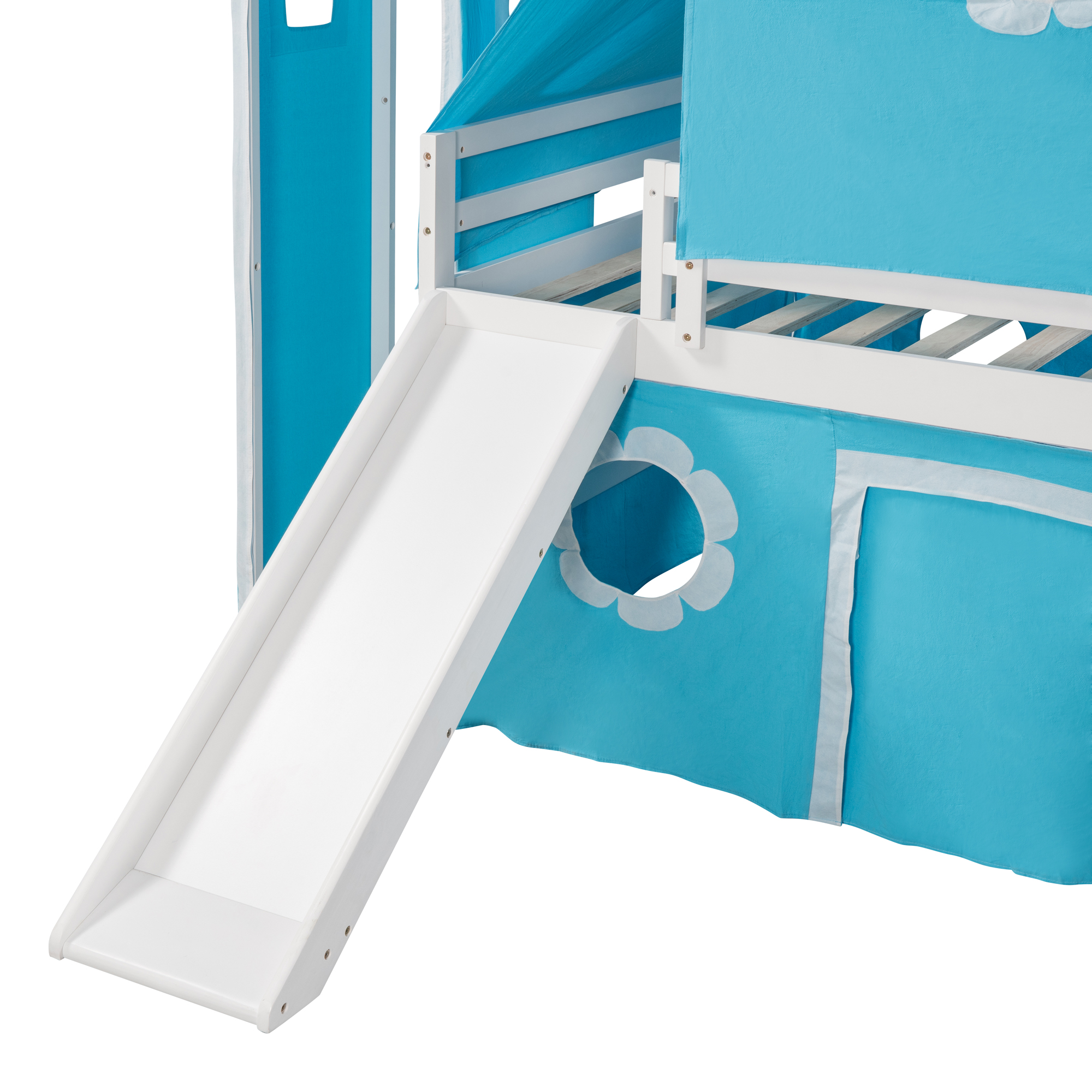Wood Bunk Bed with Ladder & Safety Guardrail, Solid Wood Bed Frame for Dormitory & Multiple-Child Family, Bunk Bed with Slide Blue Tent and Tower(Blue, Full)