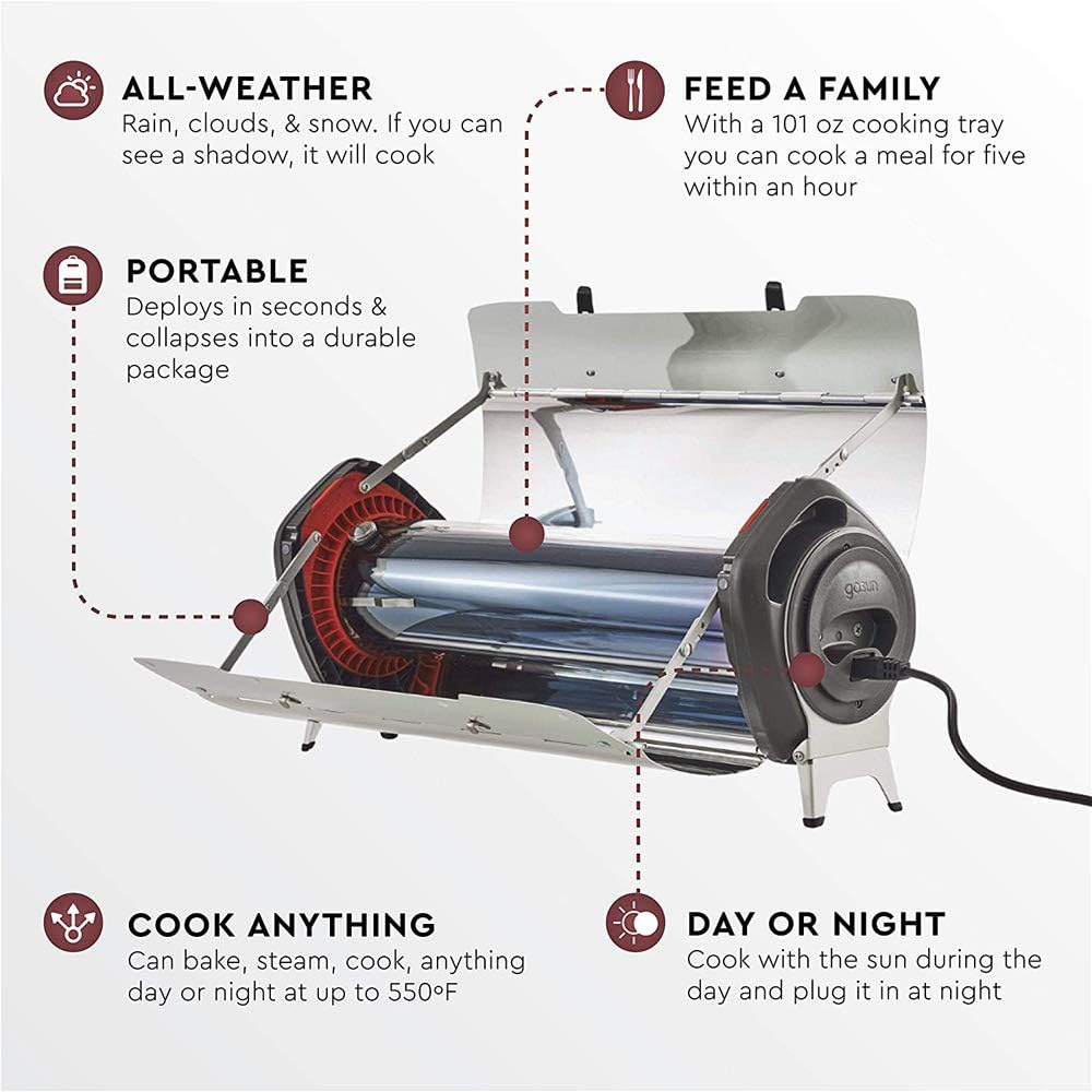 GOSUN Fusion Solar Oven - Hybrid Electric Grill | Portable Oven & High Capacity Solar Cooker | Indoor or Outdoor Oven | American Sun Oven Camping Cookware - Survival Gear Powered by Sun or Electricity