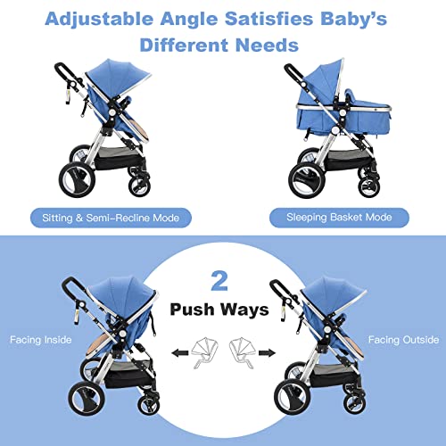 BABY JOY Baby Stroller, 2-in-1 Convertible Bassinet Reclining Stroller, Foldable Pram Carriage with 5-Point Harness, Including Cup Holder, Foot Cover, Diaper Bag, Aluminum Structure, Khaki