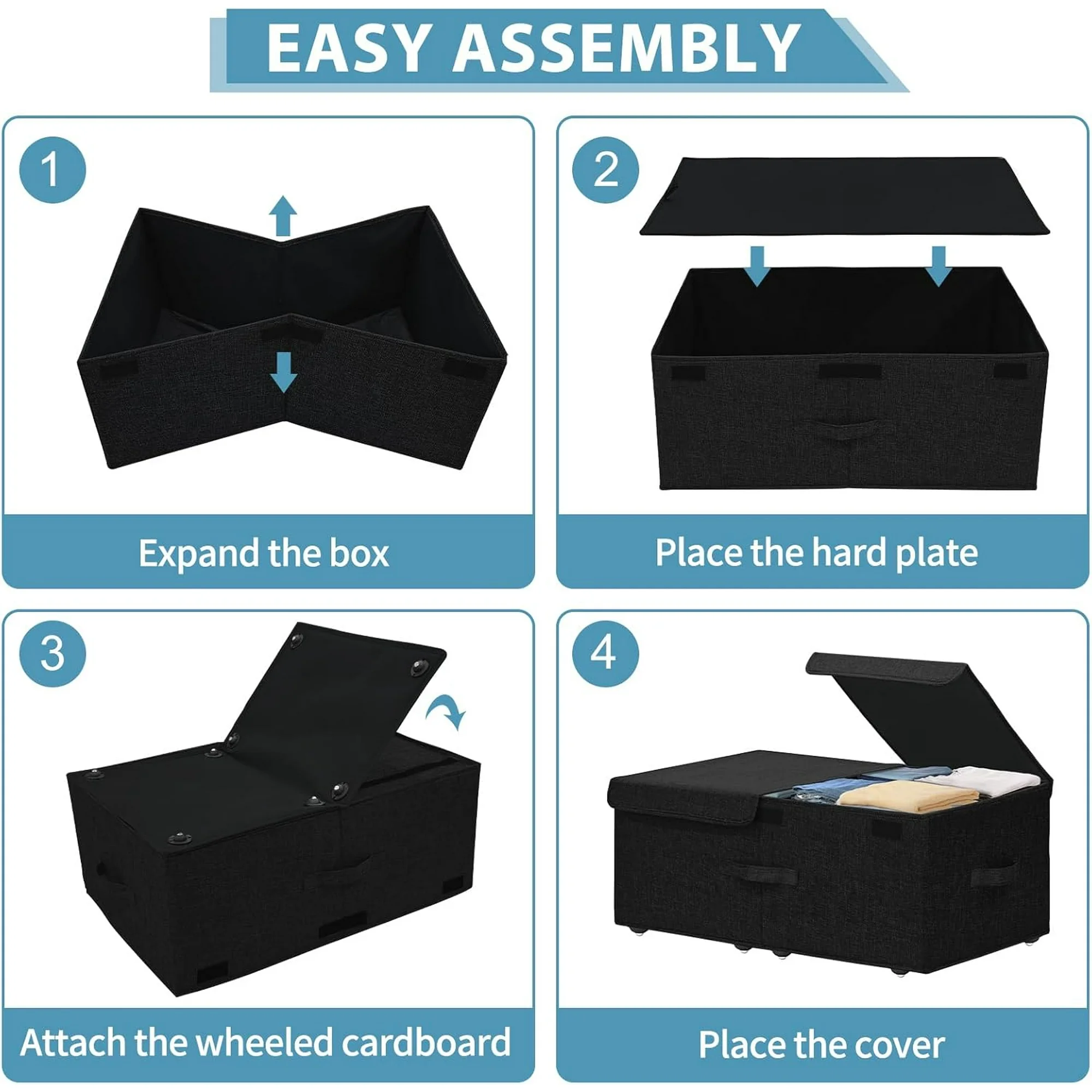Under Bed Storage Container with Wheels, 2 Pack 10 High Deep Underbed Rolling Box Storage Bins Drawers with Lids for Bedroom, Dorms, Clothes, Shoes, Blankets, No Assemble Required, Black